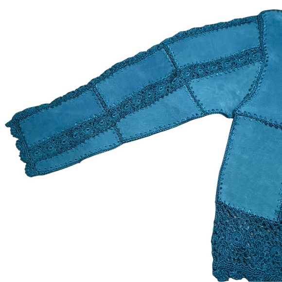 S.M.H Vintage Suede Paneled Crocheted Boho Western Festival Y2K Blazer Coat - Picture 6 of 15